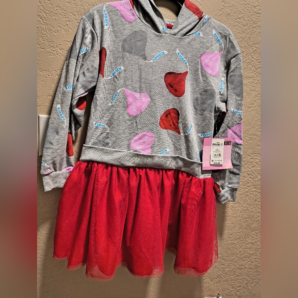 Hershey's Kisses Sz L (10/12) Gray, Red, And Pink Hoodie Dress